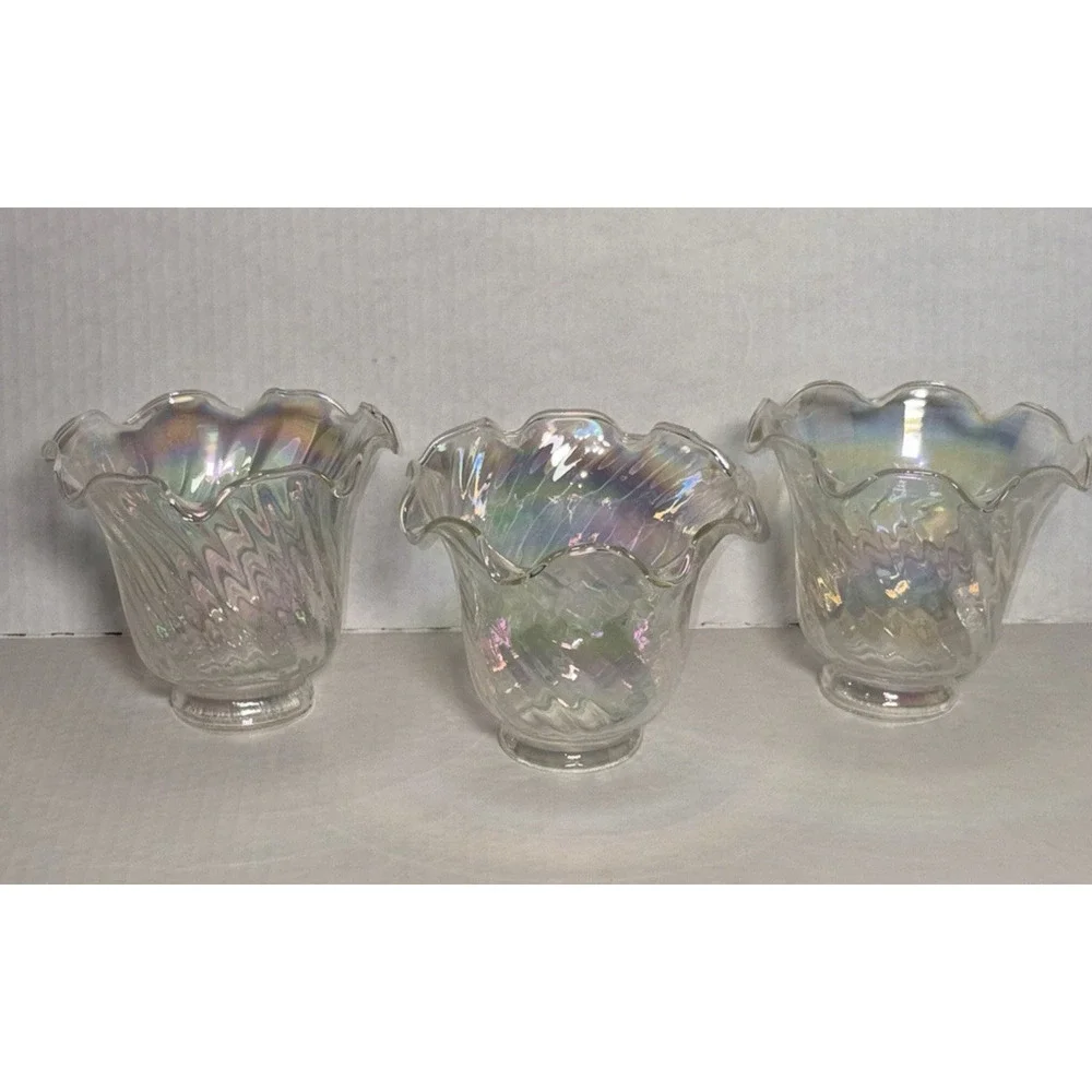 Iridescent 4” Light Shade Hurricane Lamp Swirl Bell Ruffled Fitter 2” Set of 3